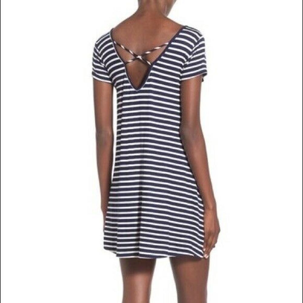 Socialite Women's Blue Striped Criss Cross Back Dress - Size Medium - 90's Style
